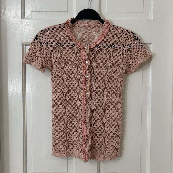 Crochet Open Weave Lace Trim Pink Short Sleeve Boho Whimsy Fairy Cardigan Sz XS? - Picture 2 of 4